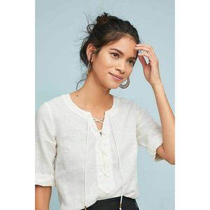 Anthro: Maeve: White Lenin Lace -Up Top